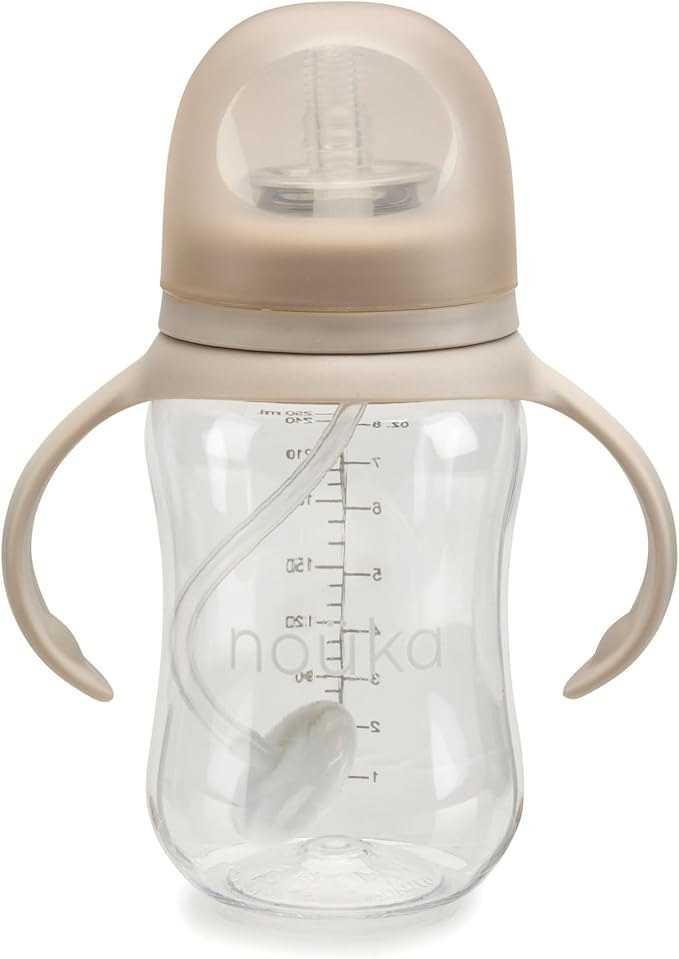 nouka Tritan Plastic Transitional Sippy Cup with Weighted Straw | Leak Proof and Easy Grip | Removable Handles | Soft Sand