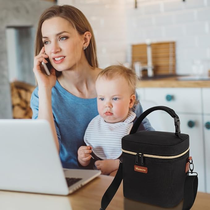 Mancro Breast Milk Cooler Bag with Ice Pack, Baby Bottle Bag Holds 6 Bottles Up to 9oz, Leak-Proof Insulated Storage for Nursing Moms, Daycare or Travel, Pink & Beige