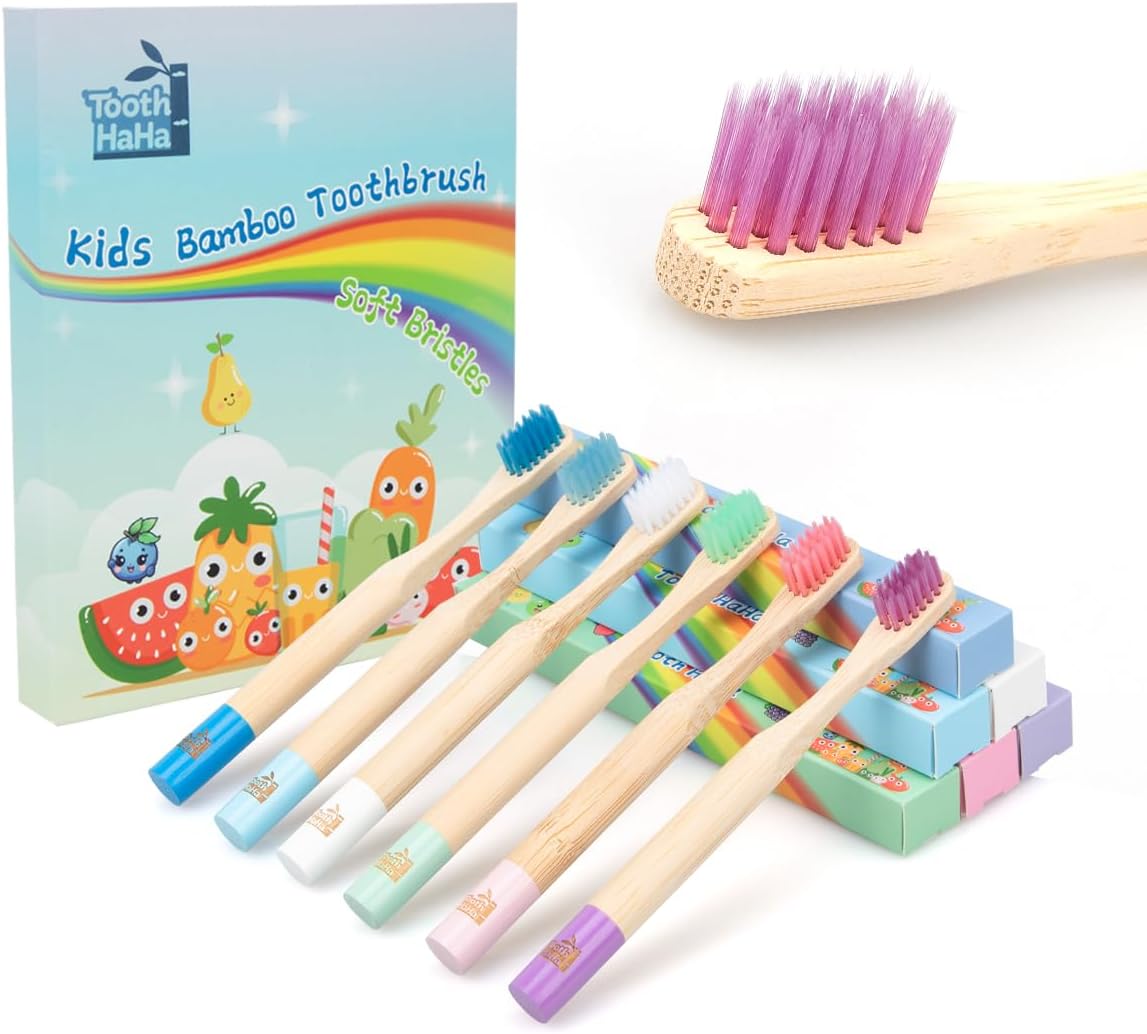 Kids Bamboo Toothbrushes, BPA-Free Soft Bristles, Eco-Friendly Natural Wooden Toddler Toothbrush, 6-Pack Travel Toothbrushes Set for Children