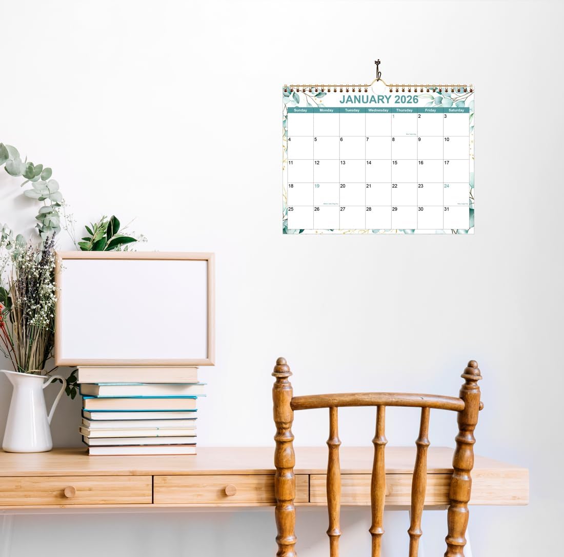 Calendar 2025-2026, Wall Calendar from September 2025 - December 2026, 18 Months Calendar with Premium Paper, Twin-Wire Binding & Hanging Hook, 8.5" x 11", Green Leaf