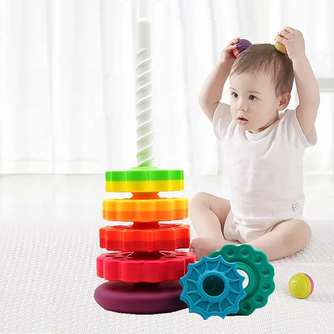 Educational Spinning Stacking Toys, Rainbow Stacking Rings Baby Toy, Montessori Sensory Learning Toy for Girls and Boys Toddlers Toys for 1-3 Year Old