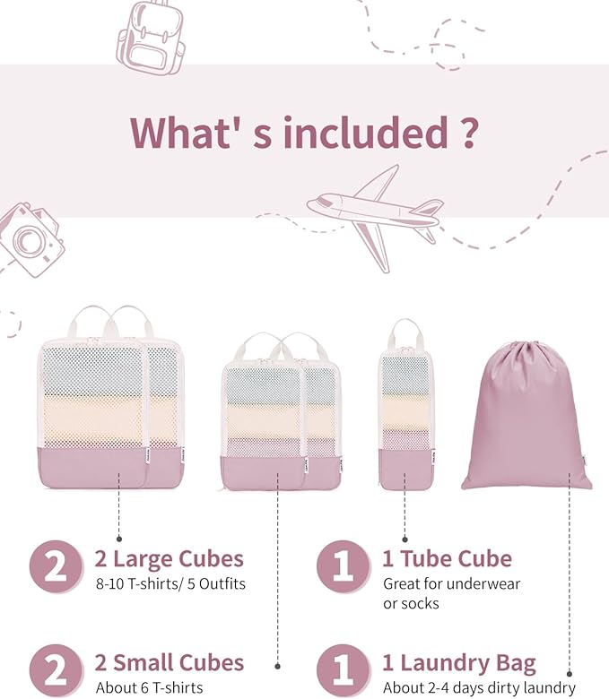 Narwey 6 Set Compression Packing Cubes for Travel Kids Women Carry on, Packing Organizers Bag for Backpack Luggage Suitcase Duffle Bags
