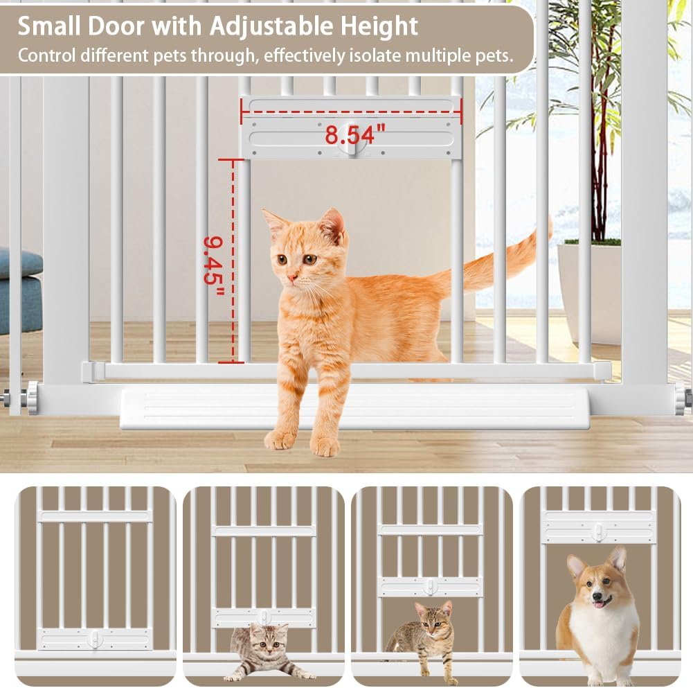 40.55" Tall 1.37" Ultra Narrow Spacing 73.43"-81.30" Extra Wide Dogs Pets Baby Gate with Cat Door for Doorway Safety Proof Indoor Puppy Pressure Mounted No Drill White Black Metal Hallway
