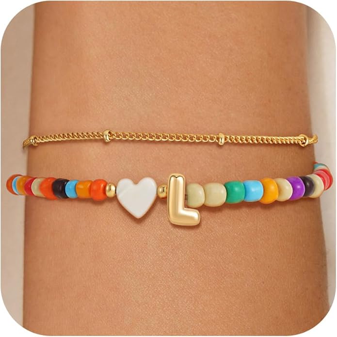 Colorful Initial Bracelets for Women Girls - 14K Gold Plated Heart Initial Letter Daint A-Z Charm Bracelet Summer Jewelry Teen Girl Gifts for Teen Kids