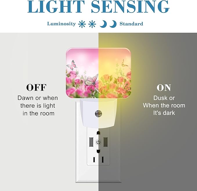 Beautiful Pink Roses Plug in Night Lights, Pink Butterfly Nightlight Plug Into Wall Dusk to Dawn Sensor for Kid Girls Boys Women Men Room, Hallway, Kitchen, Bathroom, Stairs Decor