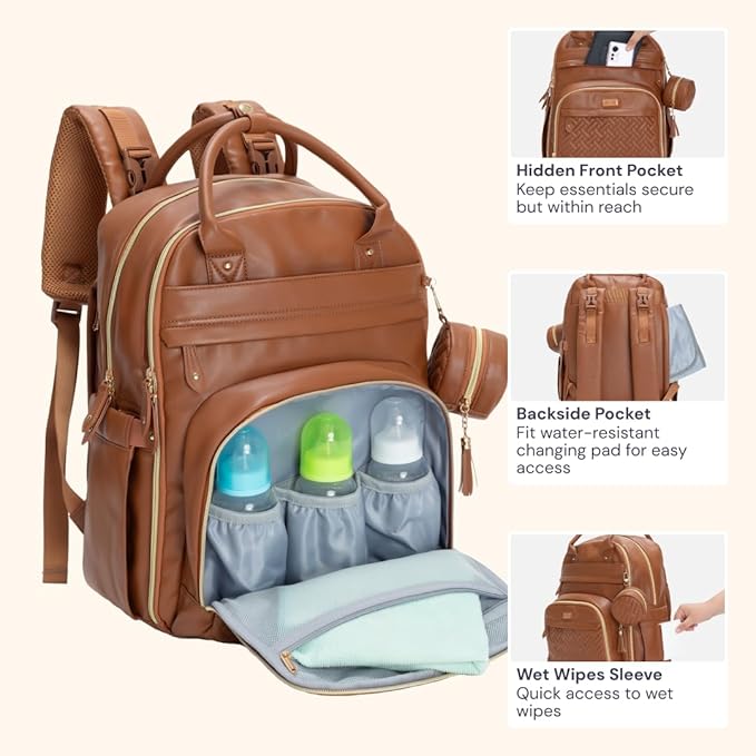 BabbleRoo Leather Diaper Bag Backpack - Baby Essentials Travel Baby Bag, Multi function, Water Resistant, with Changing Pad, Stroller Straps & Pacifier Case – Unisex, Natural Brown