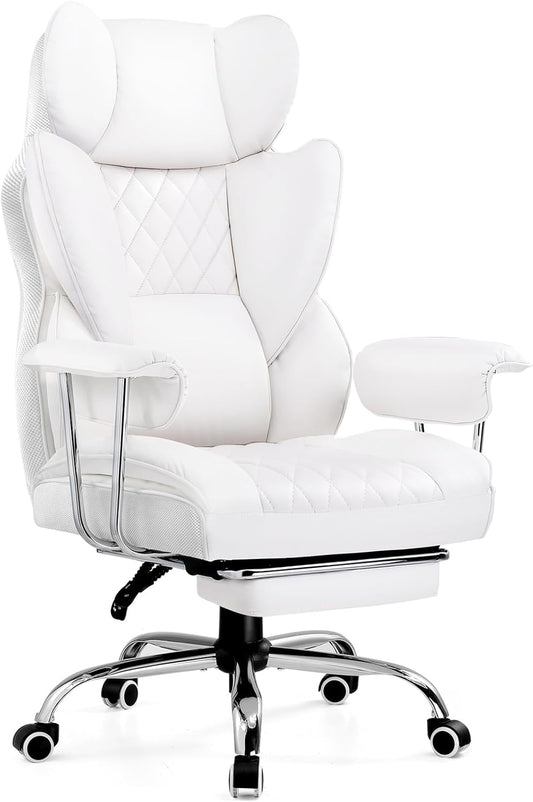 COMHOMA Big and Tall Office Chair, High Back Leather Gaming Chairs with Footrest, Executive Ergonomic Office Chair with Pocket Spring Lumbar Support and with Outward Fixed Soft Armrests