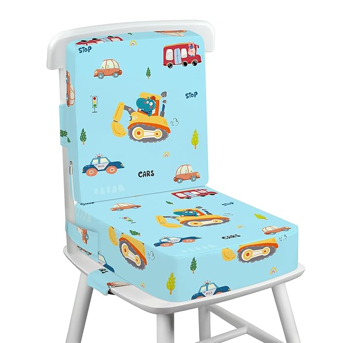 Toddler Booster Seat for Dining Table with Adjustable Straps, Kids Booster Seat for Kitchen Chair with Non-Slip Bottom, Portable Detachable Washable Increasing Cushion (Excavator)