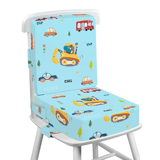 Toddler Booster Seat for Dining Table with Adjustable Straps, Kids Booster Seat for Kitchen Chair with Non-Slip Bottom, Portable Detachable Washable Increasing Cushion (Excavator)