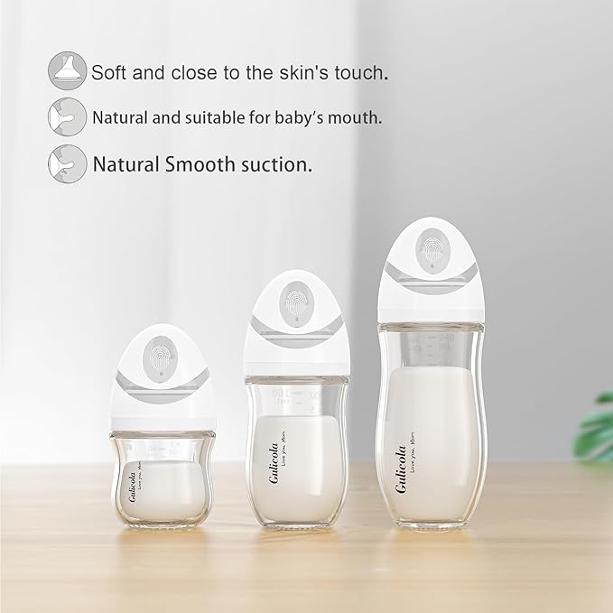 Gulicola Natural Glass Baby Bottle 4 Pack, Newborn Breastfeeding Bottles Set, Extra Slow Flow Nipples (SS), Anti Colic, 0 Months+, 5 oz - White