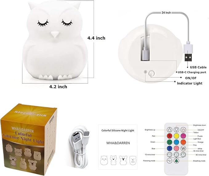 WHA&DARREN Owl Night Lights Kids, Silicone Light Bedside Lamp, Baby Nursery Light, Sleep Night-Light, Squishy Night Light for Kids Room, Animal Night Lights for Girls and Boys