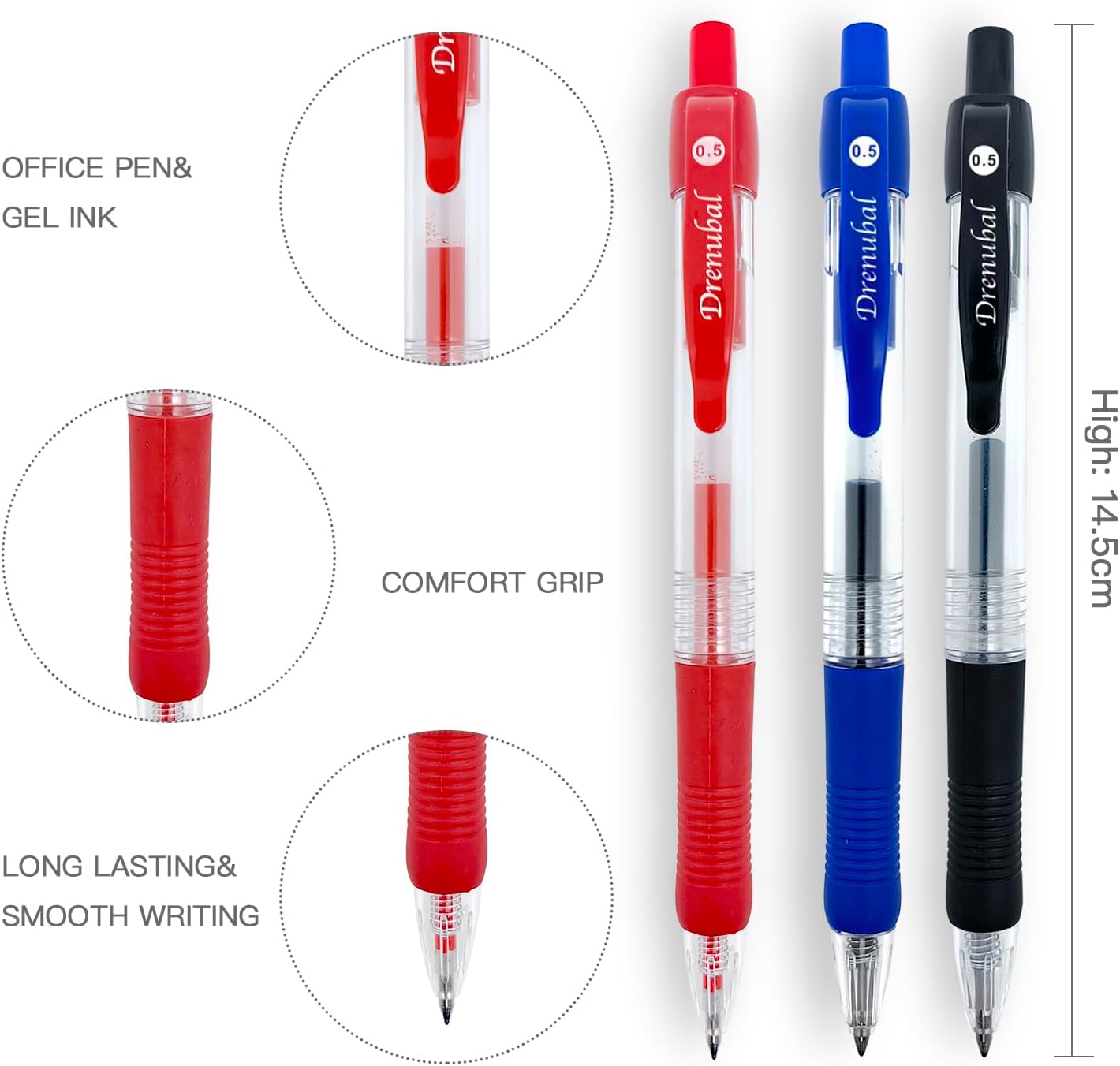 Gel Pens 0.5mm - Red Ink, Quick-Drying, Comfort Grip Writing for School, Office, Exams - Gift Set for Students, Fine Point Ballpoint Pens 6-Pack