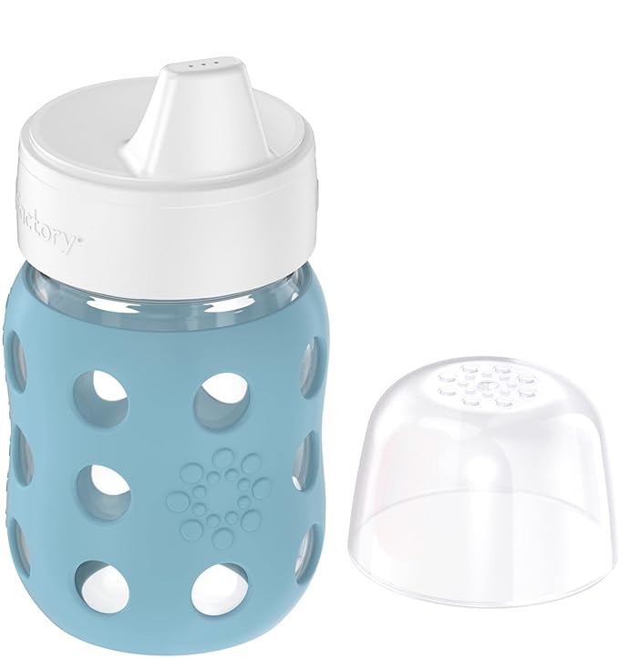 Lifefactory 8-Ounce Wide Neck Glass Baby Bottle with Protective Silicone Sleeve and Hard Sippy Spout, Denim (LG2221WDE4)