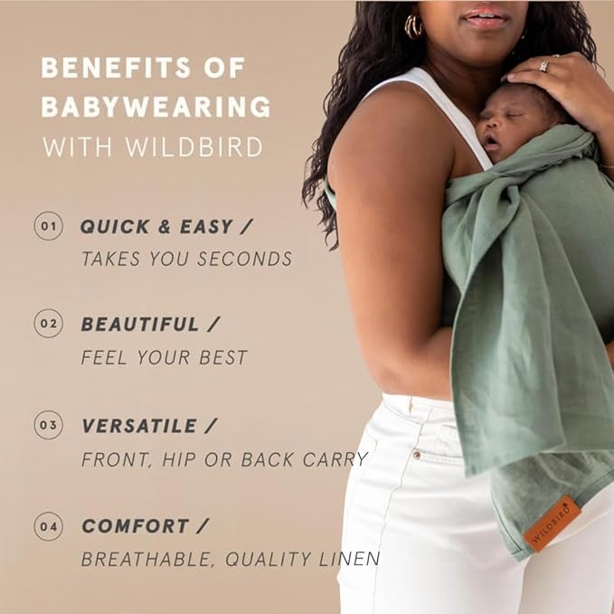 WildBird - Ring Sling Baby Carrier - Newborn to Up to 35 lbs - for Moms, Dads & Caregivers - 100% Natural European Linen Fibers - Versatile & Adjustable - 74” Size - Acadian Fabric & Rose Gold Ring