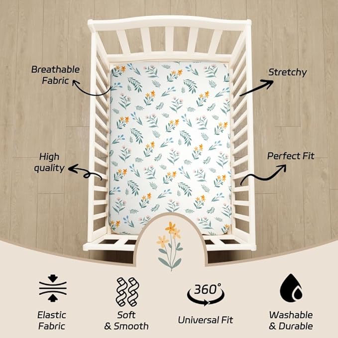 Nursery Sheets - 4 Pack Sage Green Fitted Breathable Unisex Baby Sheets with Leaf and Flower Design for Mini Crib