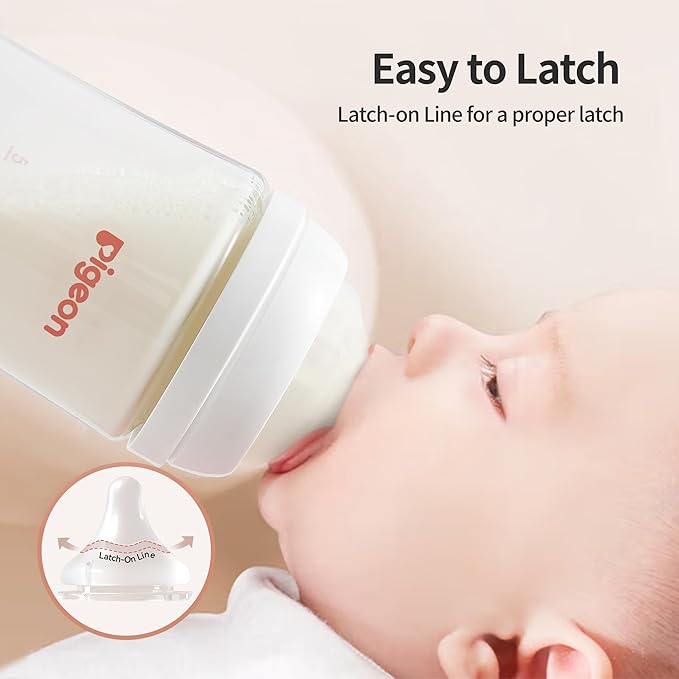 Pigeon Silicone Nipple (Stage 3) with Latch-On Line, Nurture & Nest, Natural Feel, 3+ Months, 3 Counts