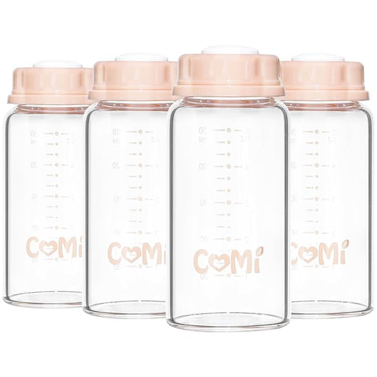 COMI Natural Glass Baby Bottle,Standard Neck Breastmilk Storage Bottle for Fridge,Breast Milk Container,Breast Pump Bottle Compatible with Medela Breast Pump,BPA Free,4PCS(5oz,4 Pink Lids)