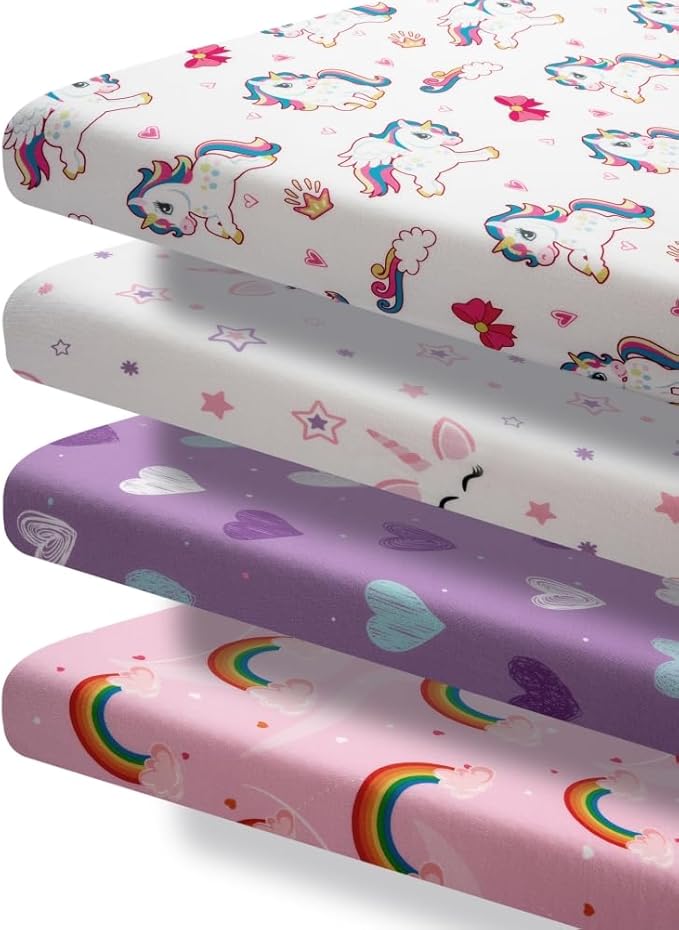 4 Pack Soft Baby Girl N Play Sheets for Mini Crib Mattress Unicron Rainbow Heart Cute Neutral Polyester Unisex Fitted Mini Crib Sheets Set for Baby Girls