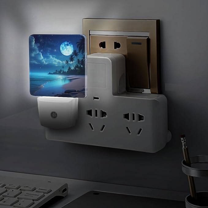 Moon Beach Night Light, Plug into Wall Decor Nightlights for Bedroom, Bathroom, Hallway, Kitchen, with Dusk to Dawn Light Auto Sensors LED Night Lights for Boys Girls Women Men Room Gifts