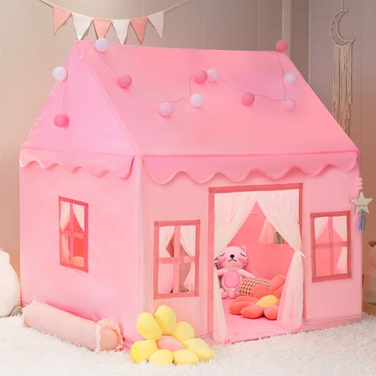 Large Kids Tent Playhouse Basic Mat with Star Lights, Flags and Tote Bags, Play Tent Indoor & Outdoor, Washable Teepee Tent for Boys & Girls, Kids Play House for Toddler（Pink）