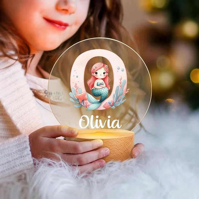 Personalized Mermaid Girl Night Light, Custom Name Acrylic LED Light 37 Patterns Option Nursery Decoration