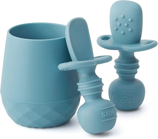 SAMiGO Silicone Baby Utensils - Self Feeding Spoons and Tiny Training Cup - First Stage Baby Led Weaning Supplies for 6 Months+ Infants - Set of 3