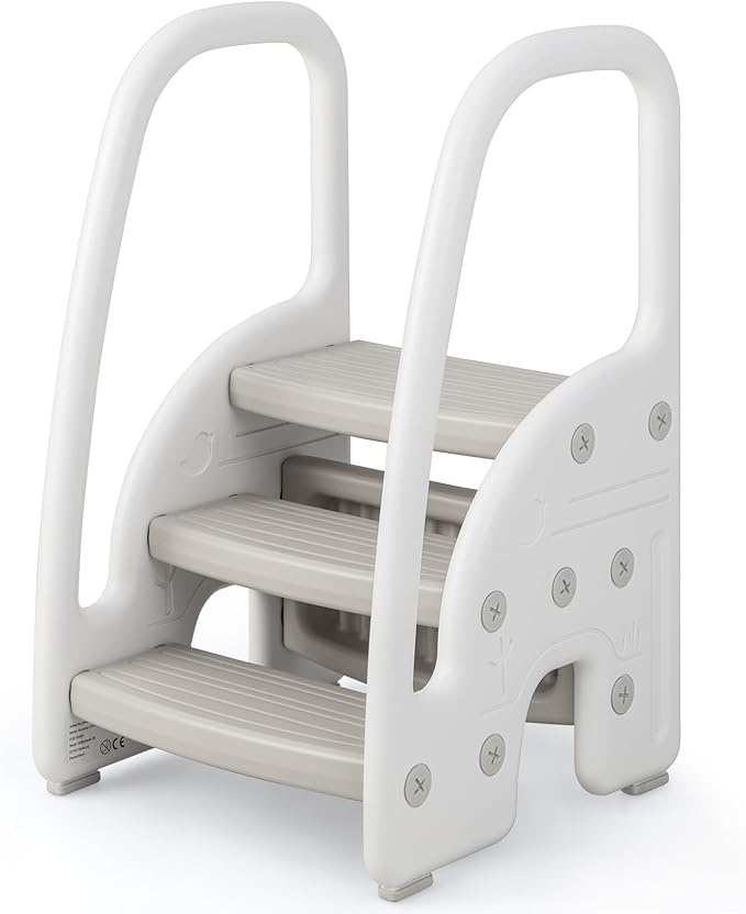HONEY JOY Kitchen Step Stool for Toddlers, Children Plastic Tower Helper w/Handrails for Bathroom Sink, Toilet Potty Training, Adjustable 3 Step Kids Learning Standing Tower for Kitchen Counter(Gray)