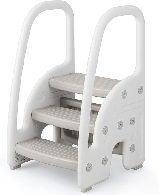 HONEY JOY Kitchen Step Stool for Toddlers, Children Plastic Tower Helper w/Handrails for Bathroom Sink, Toilet Potty Training, Adjustable 3 Step Kids Learning Standing Tower for Kitchen Counter(Gray)