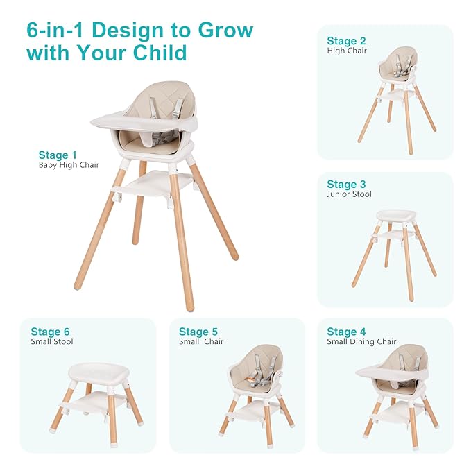 High Chair, 6 in 1 Wooden Convertible High Chairs for Babies and Toddlers, Booster Seat with Double Tray & Reversible Footrest Baby Highchair, 5-Point Harness Baby Feeding Chair, Beige