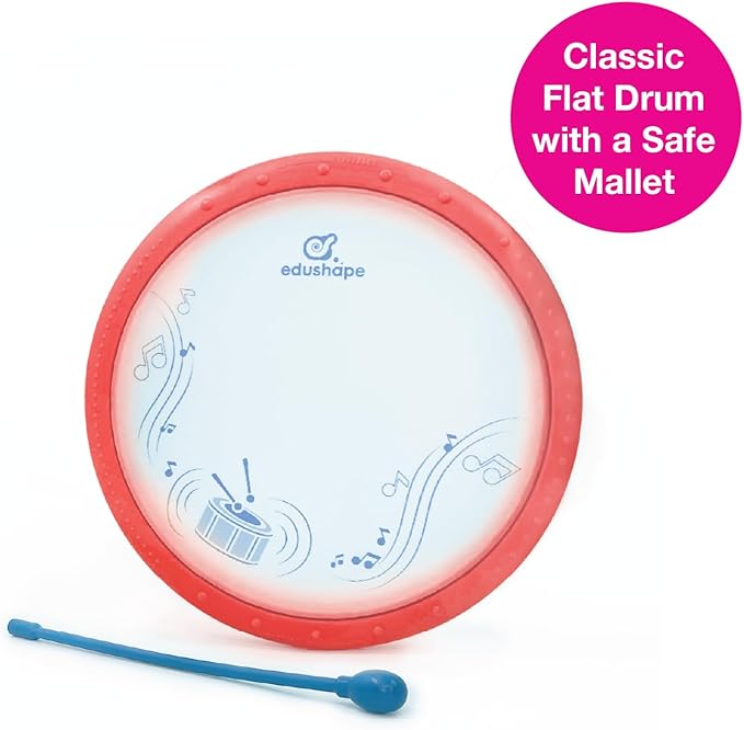 Edushape Classic Flat Drum for Baby with Easy-Grip Mallet - Set of 1 Red Color Baby Drum Toy for Toddlers, 2-Year Old and Up - Small Drums Musical Toy for Babies, Fun Tummy Time, Sensory Development