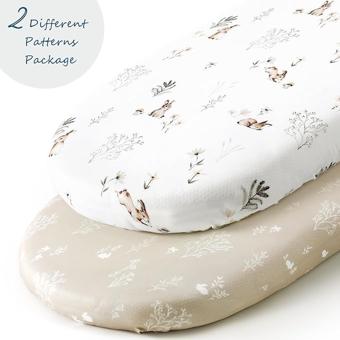 GRSSDER Stretch Ultra Soft Fitted Bassinet Sheet Set 2 Pack, Universal Fit for Bassinets Baby Cradle Moses Basket Oval Rectangle Mattress Safe and Snug, Stylish Watercolor Rabbit Pattern