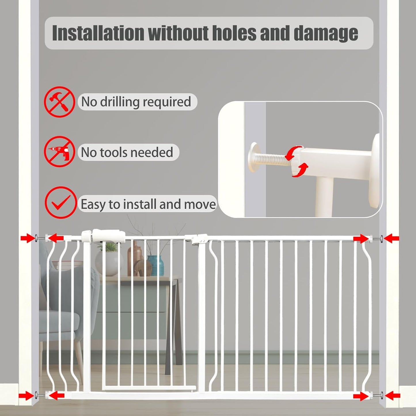 Extra Wide Baby Gate, 52.7-57.5 Inch, Large Walk Through, White Metal, Pressure Mounted, Long Safety Dog Gate for House Doorways & Stairs, 30 Inch Tall