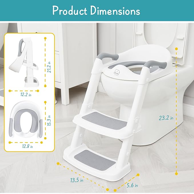 Forbena Potty Training Toilet Seat with Step Stool Ladder, Toddler Kids Potty Seat for Boys Girls, Non Slip Foldable Toilet Training Seat with Soft Cushion, Comfortable Handles (White-Grey)