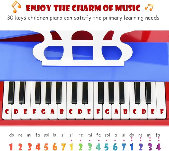 HONEY JOY Classical Kids Piano, 30-Key Mini Grand Piano with Music Stand and Bench, Wooden Musical Instrument Toy w/Lid & Music Rack, Gift for Boys Girls Ages 3+