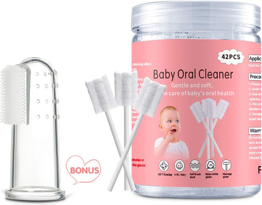 Baby Tongue Cleaner, Baby Toothbrush, 42Pcs Disposable Infant Toothbrush Clean Baby Mouth,Gauze Gum Cleaner Toothbrush Baby Oral Cleaning Stick Dental Care for 0-36 Month Baby+Free 1 Finger Toothbrush