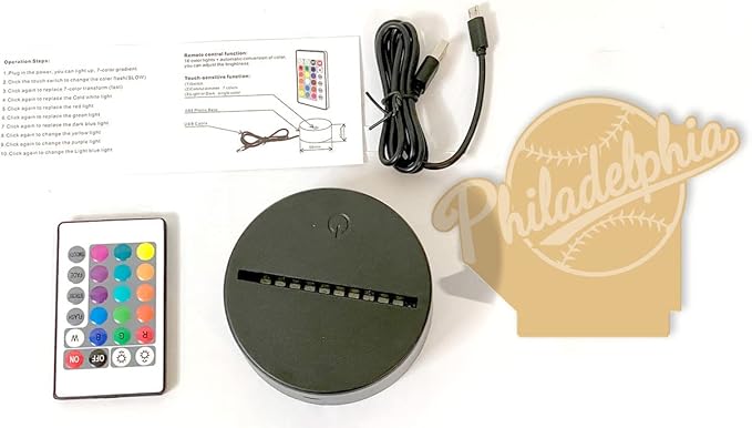CLORURBANLIVE 3D Baseball Philadelphia Night Light 3D Illusion Lamp with Remote Control 16 Color Options Sports Decor Lighting for Fans (Philadelphia Multicoloured)