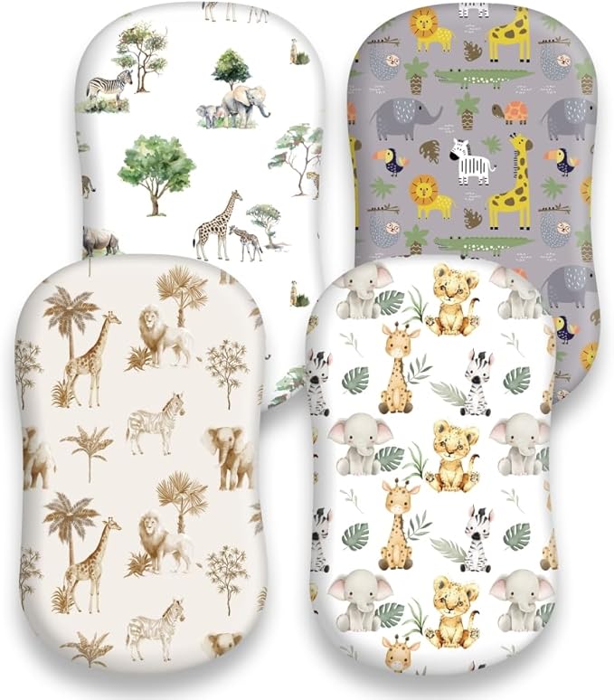 4 Pack Safari Jungle Animals Neutral Unisex Fitted Nursery Baby Sheets Set Toddler Mattress Sheets for Baby Boys or Girls (Bassinet Sheets)