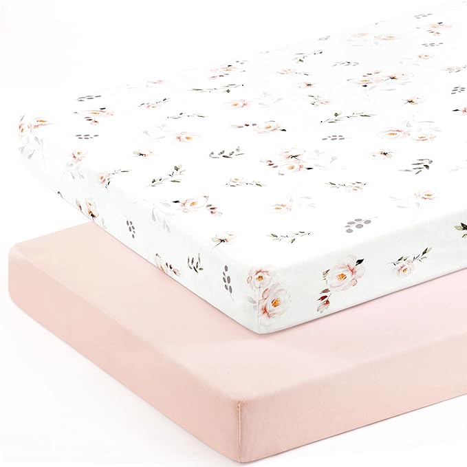 Stretchy Ultra Soft Jersey Knit Fitted Pack n Play Sheets Set 2 Pack, Portable/Mini Crib Sheets for Girls, Universal Fit for Pack N Plays Safe and Snug, Pink Rose Print