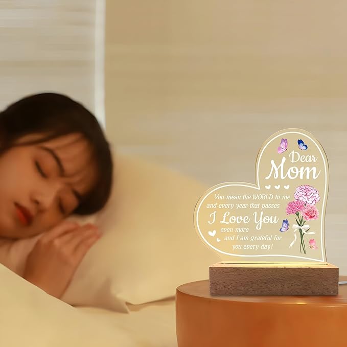 Carnation Heart Shape 3D Crystal Acrylic Light Base with Wood Stand, LED Light for Kids Room Decor, Gift for Mom on Birthday or Holiday, Home Décor Art Display