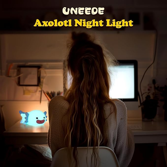 UNEEDE Blue Axolotl Night Light for Kids, Animal Silicone Nursery Night Lamp, Rechargeable Table Lamp, Cute Room Decor Night Light for Bedroom, Living Room, Dining, Desk Decorations, Gift