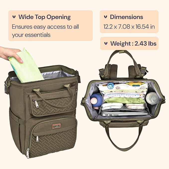 BabbleRoo Diaper Bag Backpack, Multifunction Nappy Changing Bag with Changing Pad, Stroller Straps & Pacifier Case, Unisex Stylish Travel Back Pack for Moms & Dads - Army Green