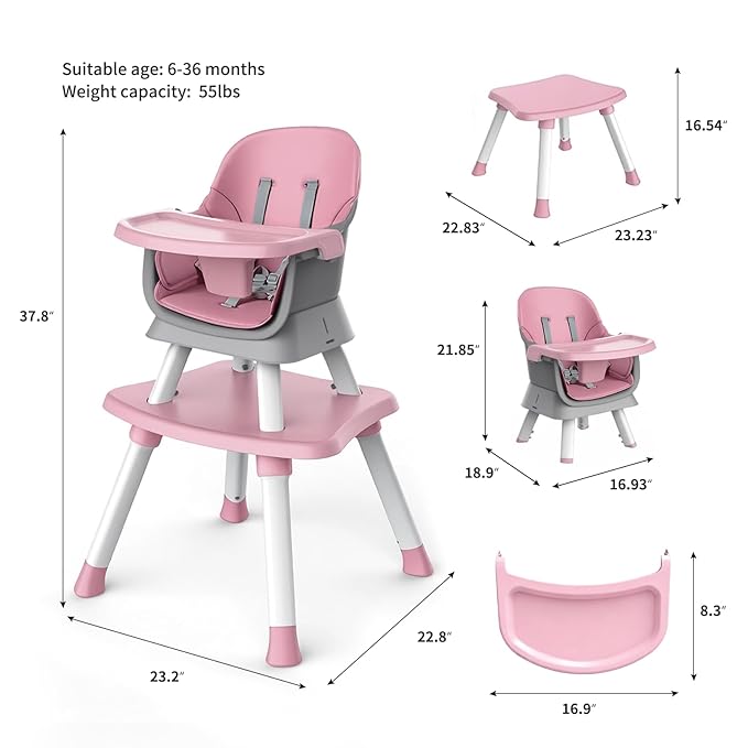 7 in 1 High Chair, Convertible High Chairs for Babies and Toddlers, Infant Dining Booster Seat, Table and Seat Set, Removable Tray, Pink