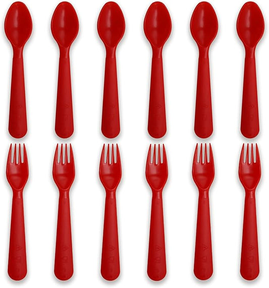 12 Pcs Kids Spoons and Forks Toddler Utensils Plastics Reusable Silverware Baby Cutlery Set Feeding Dinnerware Utensils BPA Free Microwave Dishwasher and Freezer Safe- Red