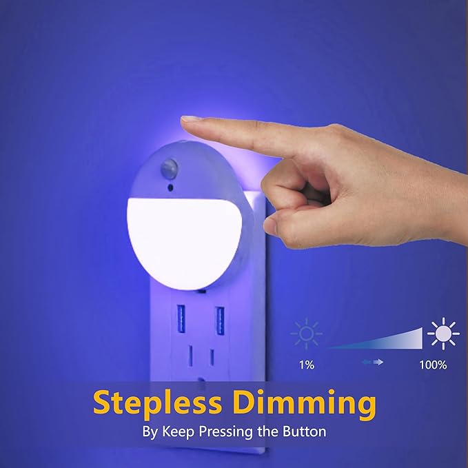 2 Pack Plug in Night Light, Dusk to Dawn, 3 Lighting Ways, Stepless Dimming, Auto On/Off Light Sensor, Blue LED Nightlight for Bathroom, Hallway, Stairs, Bedroom, Kitchen, Kids