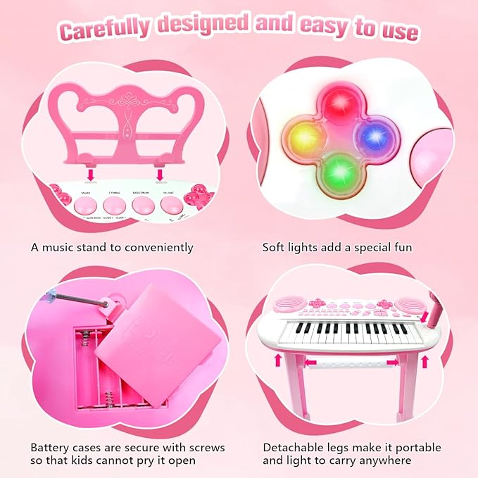 31-Key Rose Pink Kids Piano Toy Keyboard with Bench - Portable Electronic Multi-Functional Music Instrument with Microphone, Ideal Christmas & Birthday Gift for Girls & Kids Aged 3-5 Years Old