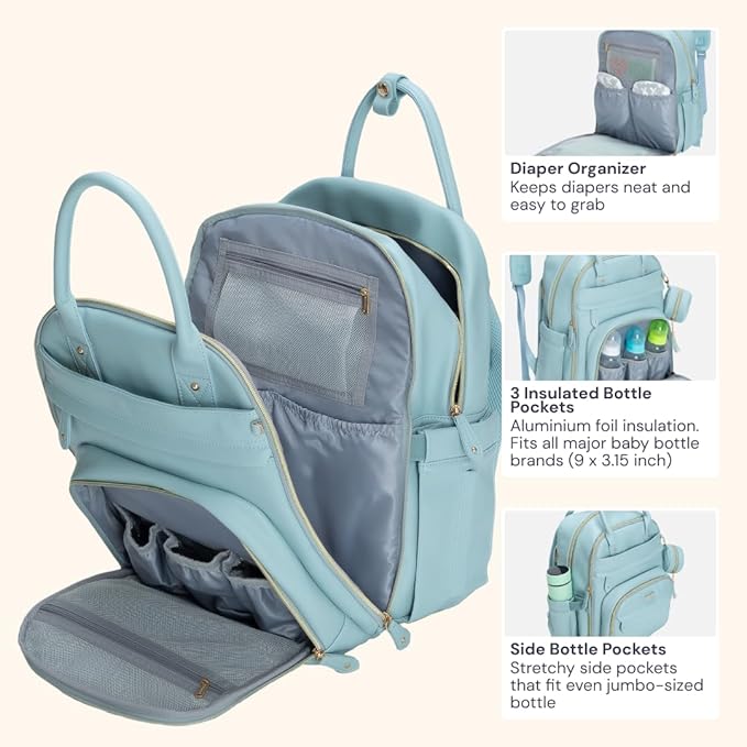 BabbleRoo Leather Diaper Bag Backpack - Baby Essentials Travel Baby Bag, Multi function, Water Resistant, with Changing Pad, Stroller Straps & Pacifier Case – Unisex, Powder Blue