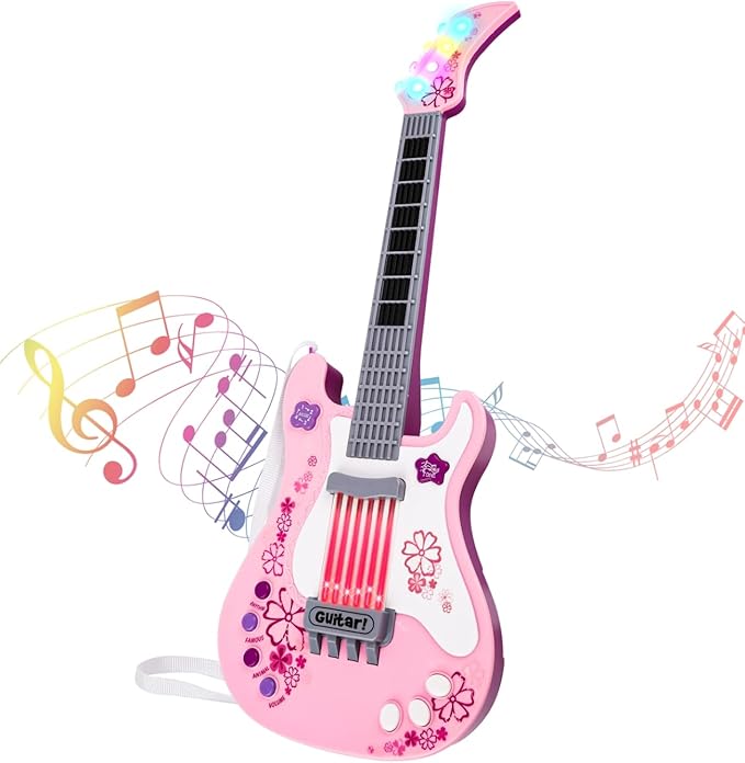 M SANMERSEN Kids Guitar for Girl Music Toy Electric Pink Guitars with Strap for Kid Toddler Musical Instrument Toys for 3 4 5 Year Old Girls Gifts