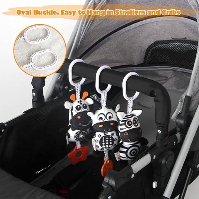 KAKIBLIN Baby Hanging Toy,3 Pack Black and White Sensory Toys for for 0 3 6 9 to 12 Months, High Contrast Soft Hanging Crinkle Squeaky Learning Toy with Teether for Boys Girls (21CM, Zebra,Deer&Cow)