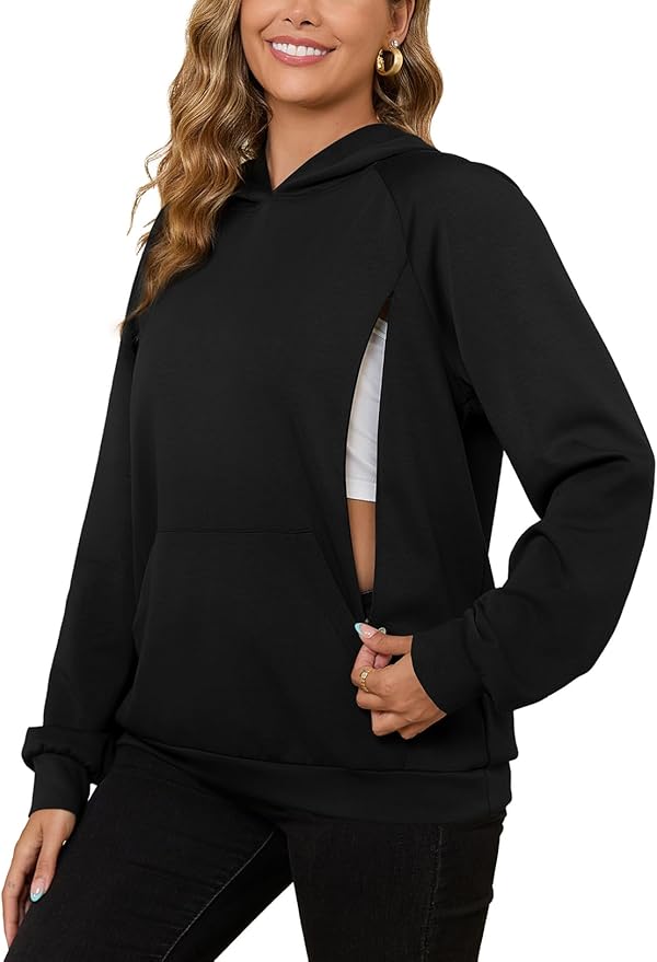 Bhome Nursing Sweatshirt Hoodie for Breastfeeding with Hidden Zippers Maternity Breast Pumping Tops Kangaroo Pocket