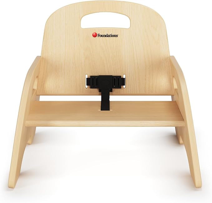 Foundations Simple Sitter Low Wood Feeding Chairs Multipack, Wide No-Tip Base, Adjustable Safety Harness, Stackable Wood Toddler Chairs with Food Service Grade Finish, 2 Pack (5 inch)